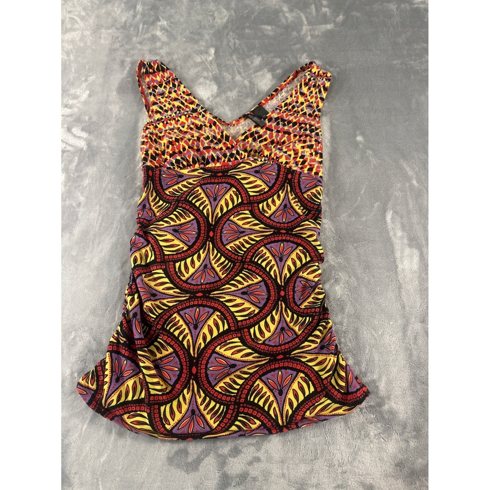Bisou‎ Bisou Womens Tank Top M M Tribal Geometric Print Ruched V Neck Sleeveless